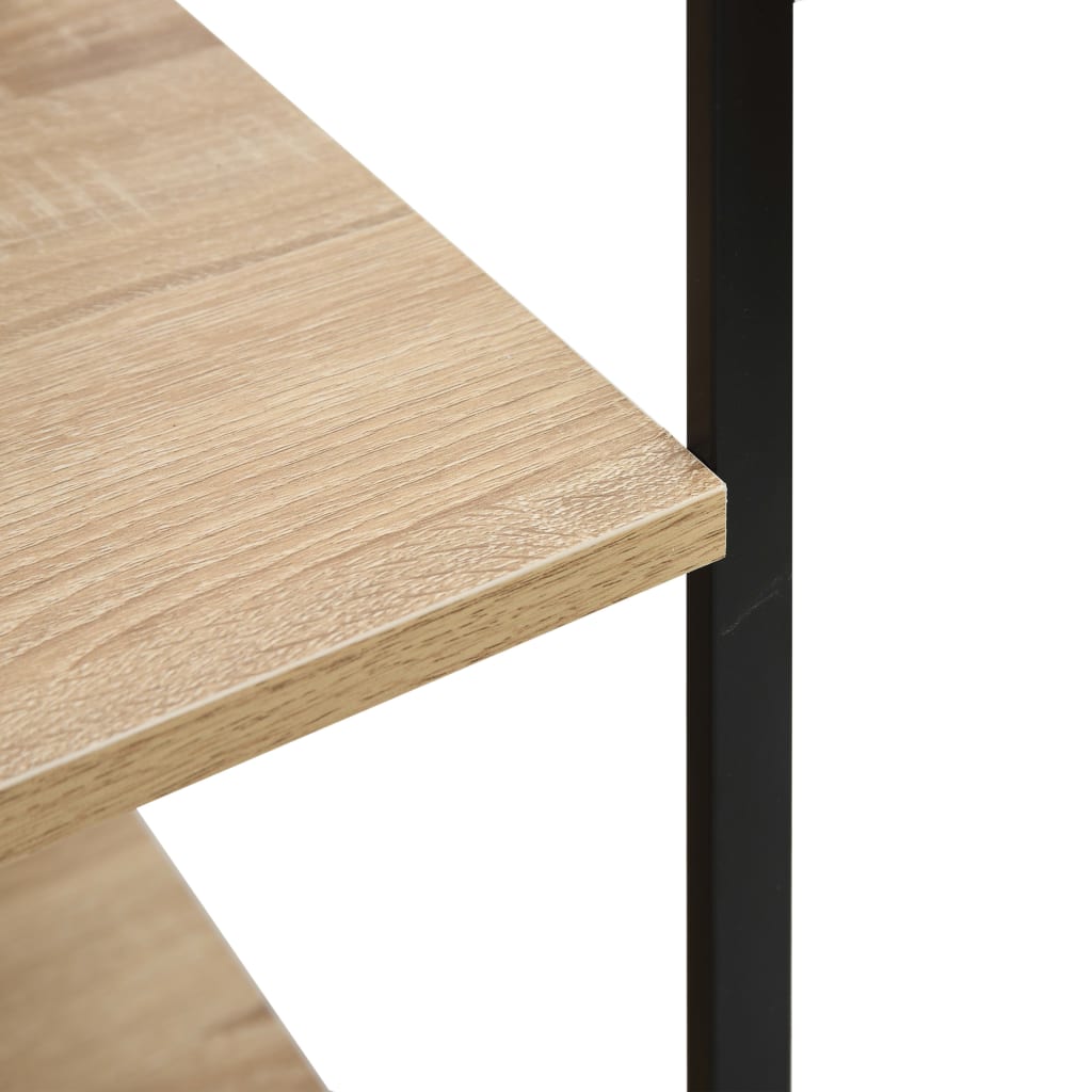 Slim black metal frame microwave cabinet with oak engineered wood shelves.