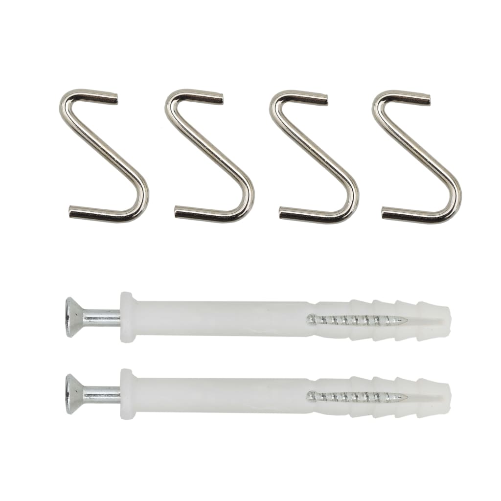 Four S-shaped metal hooks and two white plastic wall anchors with screws.