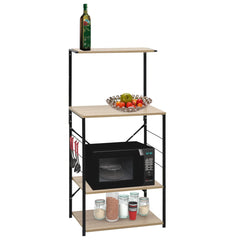 Black and oak microwave cabinet with four shelves, holding microwave, spices, fruits, and utensils.