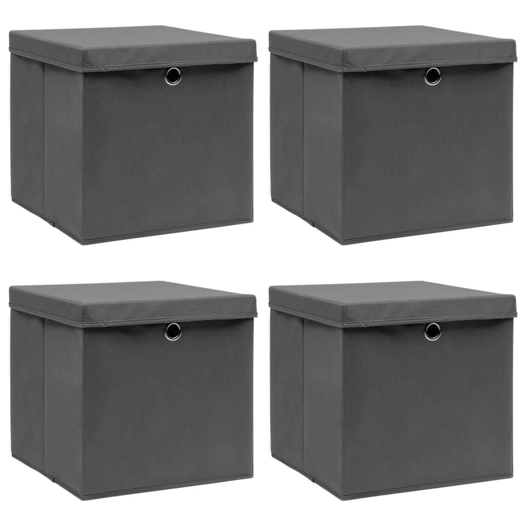 Four gray foldable fabric storage boxes with lids, each 12.6 inches square.