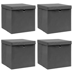 Four gray foldable fabric storage boxes with lids, each 12.6 inches square.