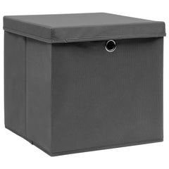 Gray foldable fabric storage box with lid, 12.6-inch cube, shown from multiple angles.