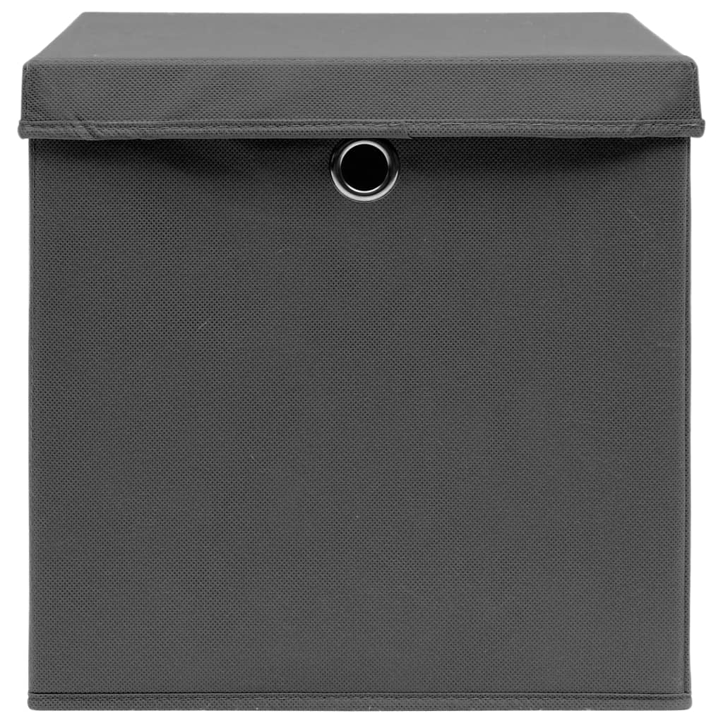 Gray foldable fabric storage box with lid and metal eyelet, 12.6 inches square.