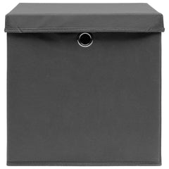 Gray foldable fabric storage box with lid and metal eyelet, 12.6 inches square.