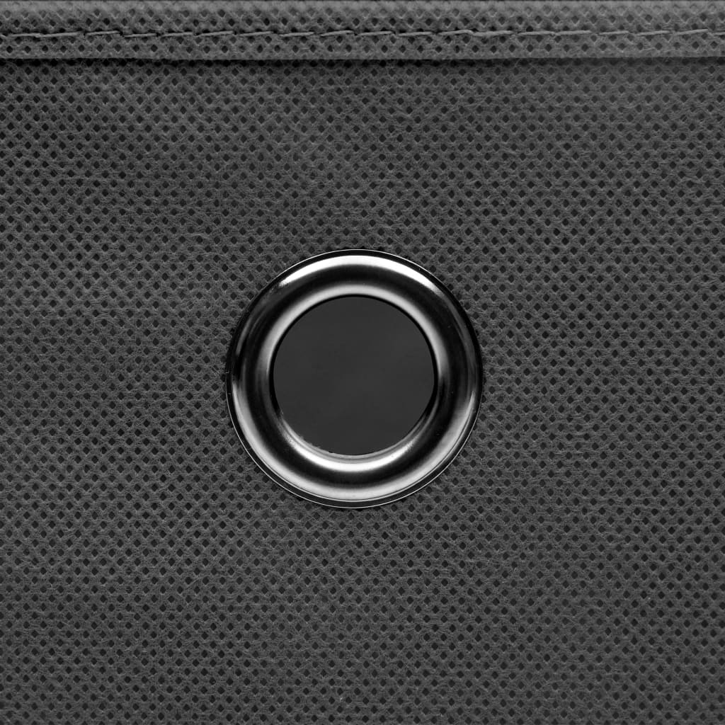 Gray foldable fabric storage box with lid and metal eyelet handle.