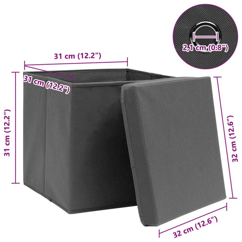 Gray foldable fabric storage box with lid, measuring 12.6 inches square.