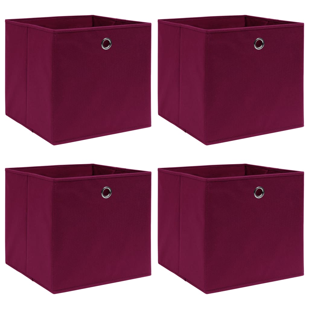 Four dark red foldable non-woven fabric storage boxes, each 12.6 inches square with metal eyelets.