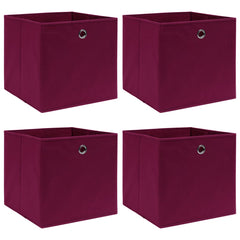 Four dark red foldable non-woven fabric storage boxes, each 12.6 inches square with metal eyelets.