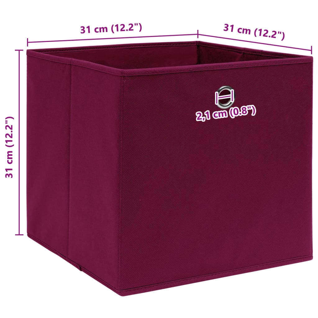 Dark red foldable non-woven fabric storage box, 12.6 inches square, with dimensions shown.