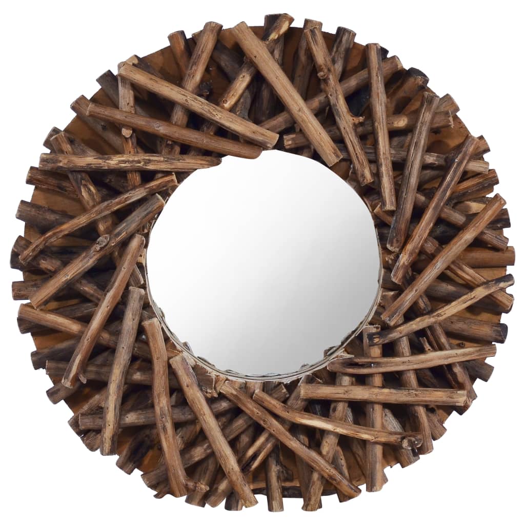 A 15.7-inch round wall mirror with a rustic woven frame made from reclaimed teak wood branches.