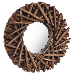 Round 15.7-inch teak wood wall mirror with rustic woven branch frame.