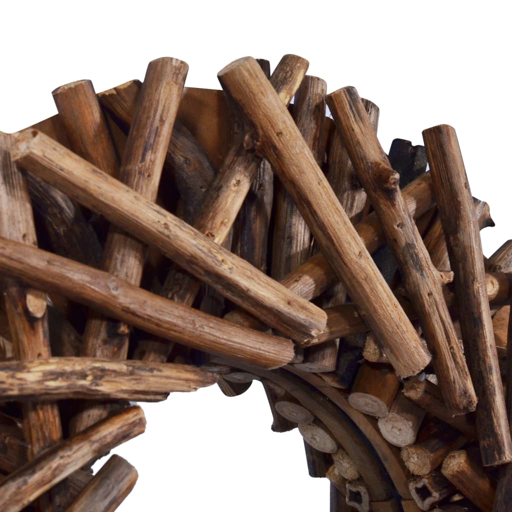 Round 15.7-inch teak wood wall mirror with rustic woven branch frame.