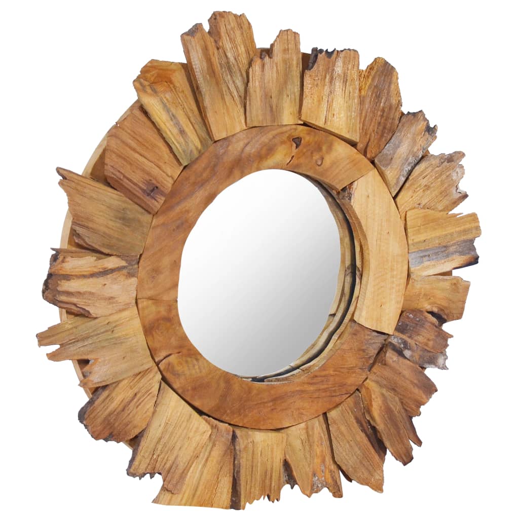 15.7-inch round teak wood wall mirror with petal-shaped frame design.