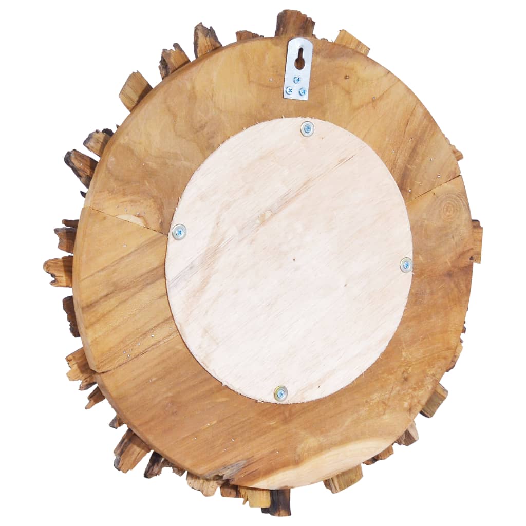 Round teak wood wall mirror with petal design and hanging hook on back.