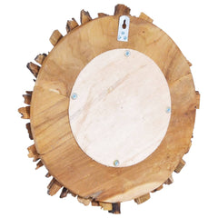 Round teak wood wall mirror with petal design and hanging hook on back.