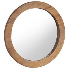 A 23.6-inch round wall mirror with a natural teak wood frame.