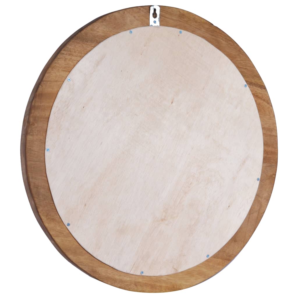 Back view of a 23.6-inch round teak wood wall mirror with hanging hook.