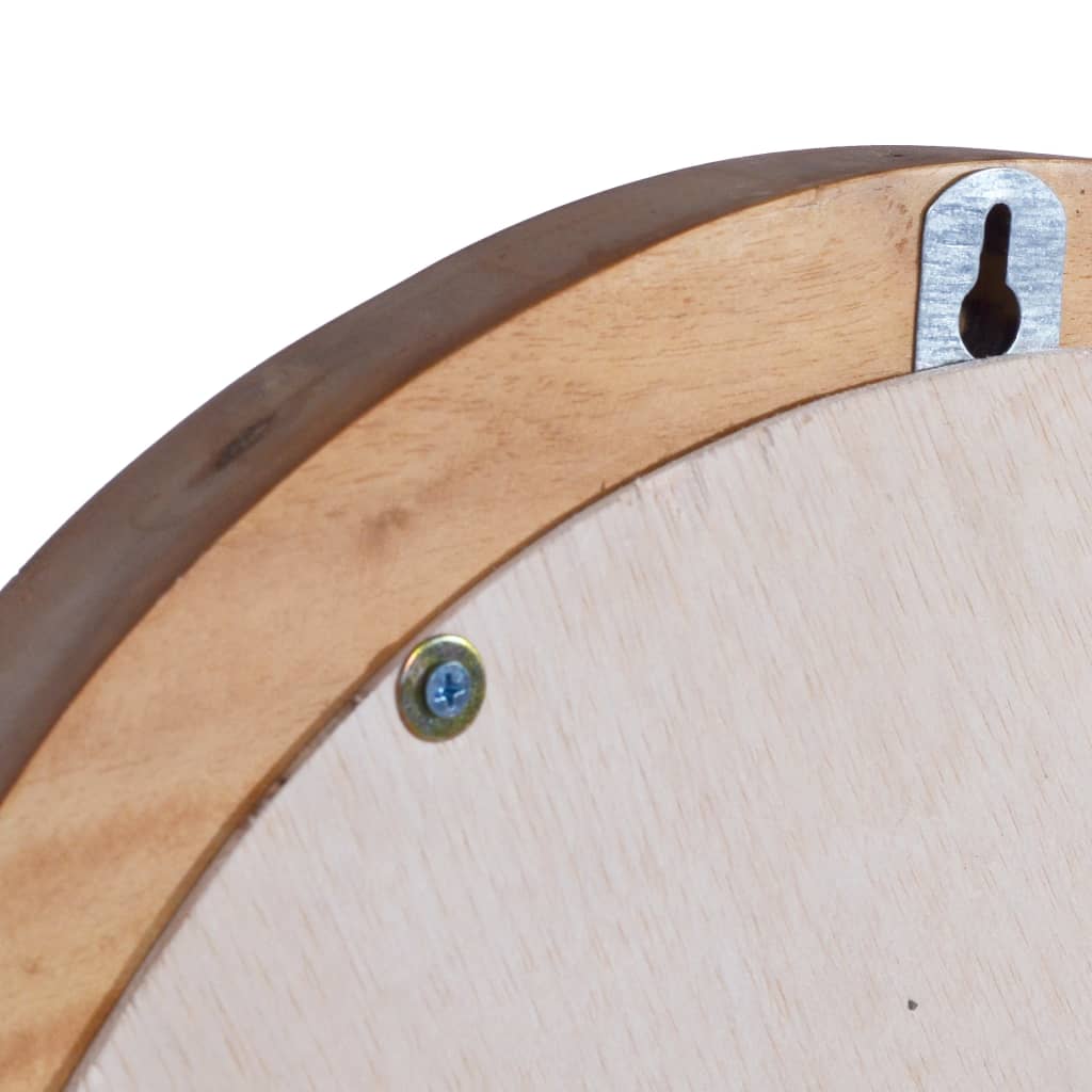 23.6-inch round teak wood wall mirror with brown frame and hanging hook.