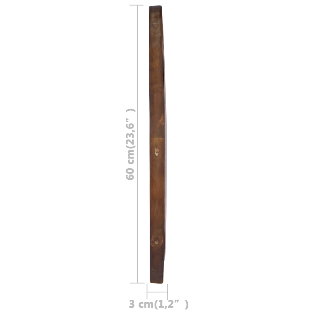 A 23.6-inch round teak wood wall mirror with a 1.2-inch thick brown frame.
