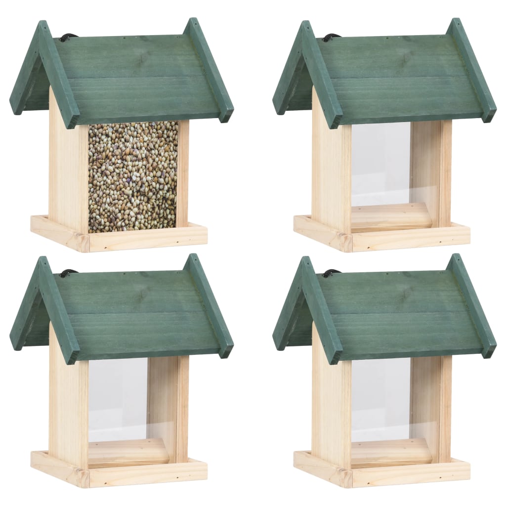 Four wooden bird feeders with stands, two in green and two in natural firwood, shown from multiple angles.