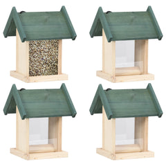 Four wooden bird feeders with stands, two in green and two in natural firwood, shown from multiple angles.