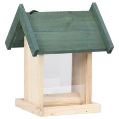 Natural firwood bird feeder with green roof and clear sides on wooden stand