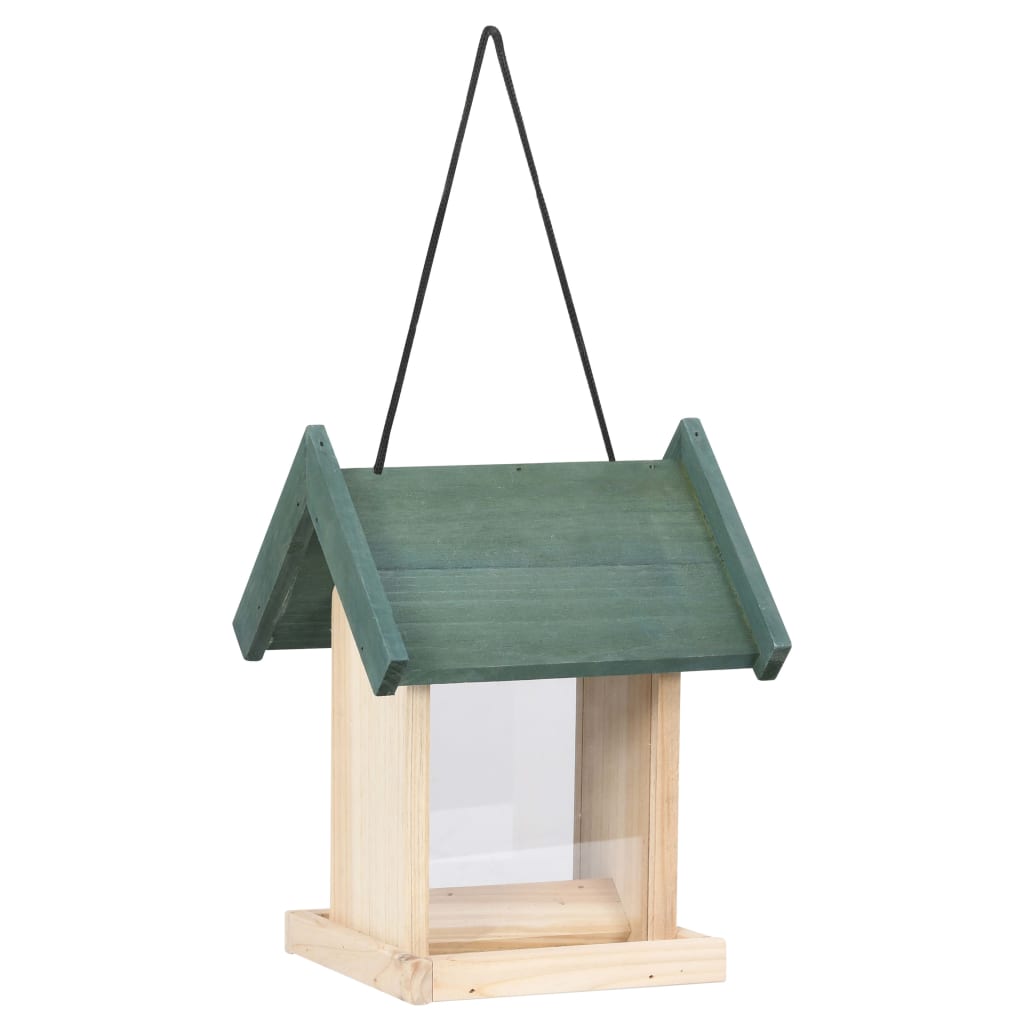 A wooden bird feeder with green roof, clear seed compartment, and hanging rope.