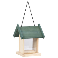 A wooden bird feeder with green roof, clear seed compartment, and hanging rope.