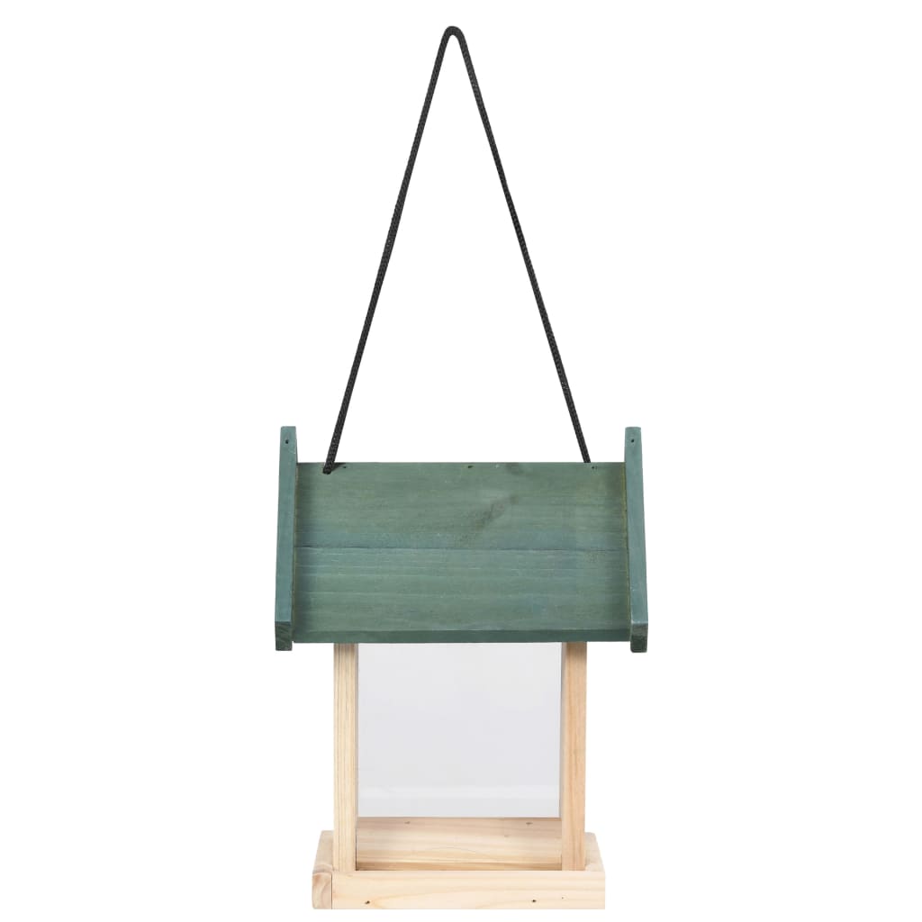 A green firwood bird feeder with a sloped roof, clear panels, perch, and hanging strap.