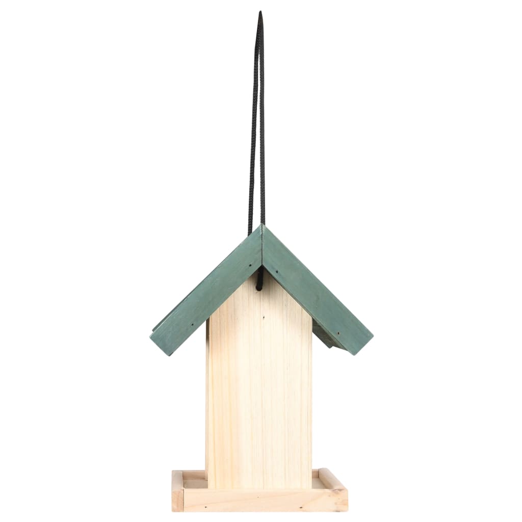 Set of four firwood bird feeders with green roofs and hanging strings.