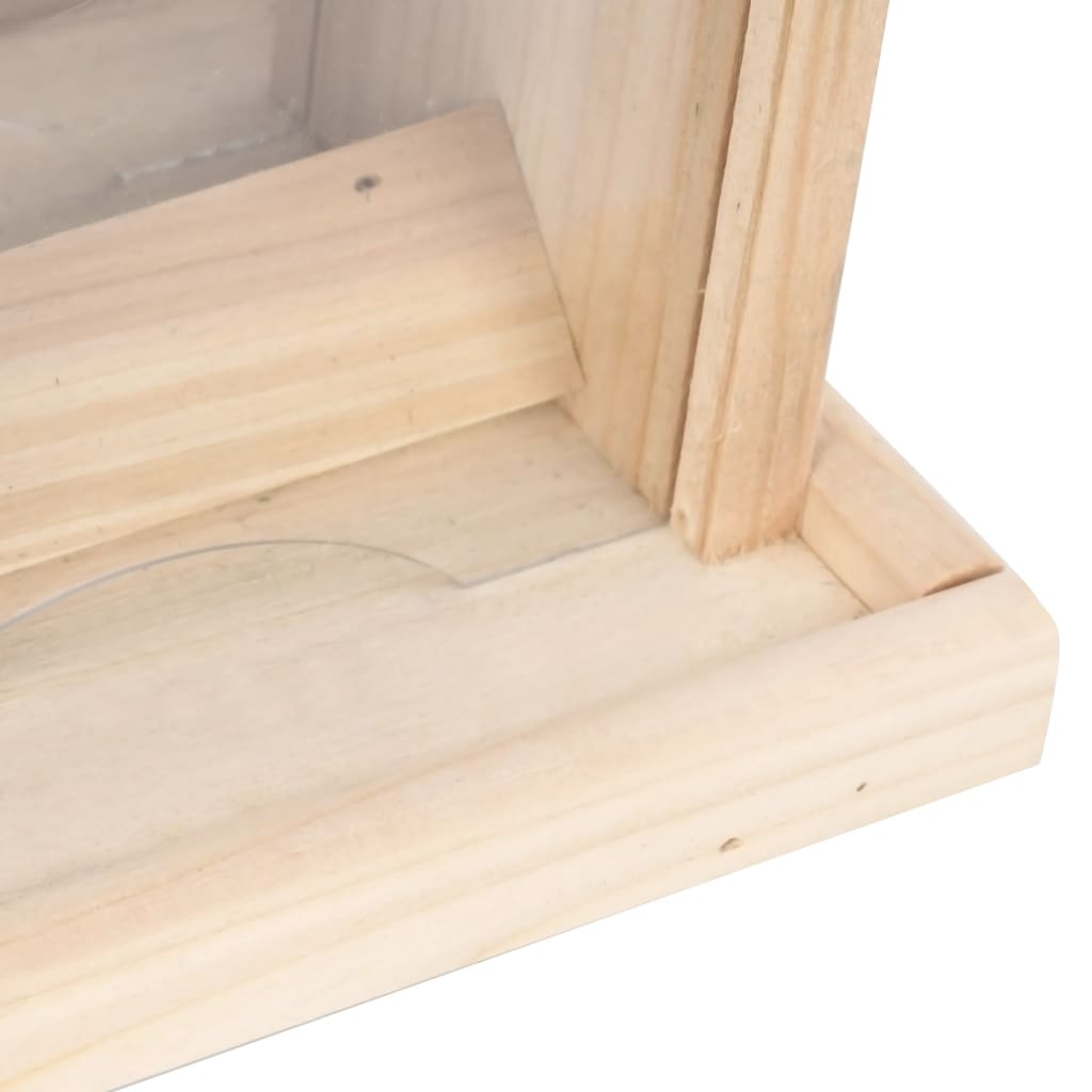 Four wooden bird feeders with stands, made of firwood with clear panels and perches.