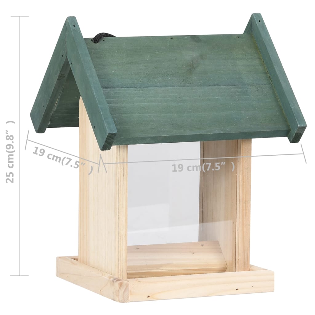Wooden bird feeder with green roof and clear seed compartment on a natural wood stand.