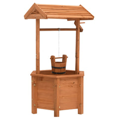 Wooden wishing well garden planter with firwood frame, hexagonal base, and hanging bucket.