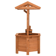 Wooden wishing well garden planter with hexagonal base, peaked roof, and hanging bucket.