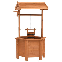 Wooden wishing well garden planter with hexagonal base, peaked roof, and hanging bucket.