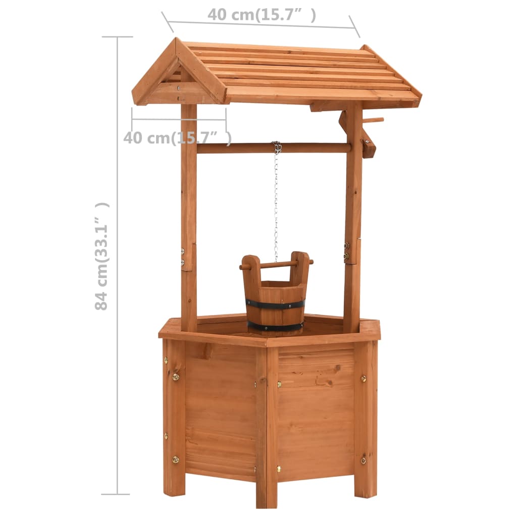 Wooden wishing well garden planter with peaked roof, bucket on rope, and dimensions 15.7x15.7x33.1 inches.