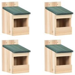 Set of four firwood bird houses with green slanted roofs and open fronts for easy access.