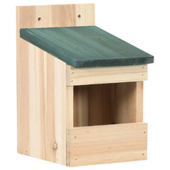 Wooden birdhouse with natural firwood body, green sloped roof, and open front, sized 4.7x6.3x7.9 inches.