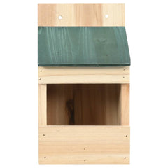 Wooden birdhouse with green sloped roof and open front, made from firwood.