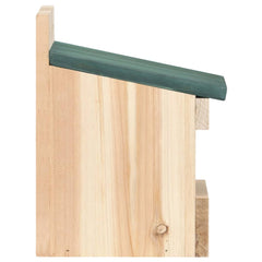 Set of four firwood bird houses with green slanted roofs and pre-drilled hanging holes.