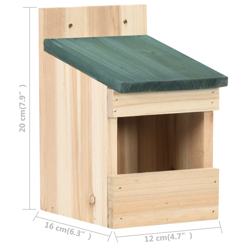 Set of four firwood bird houses with green slanted roofs and open front design.