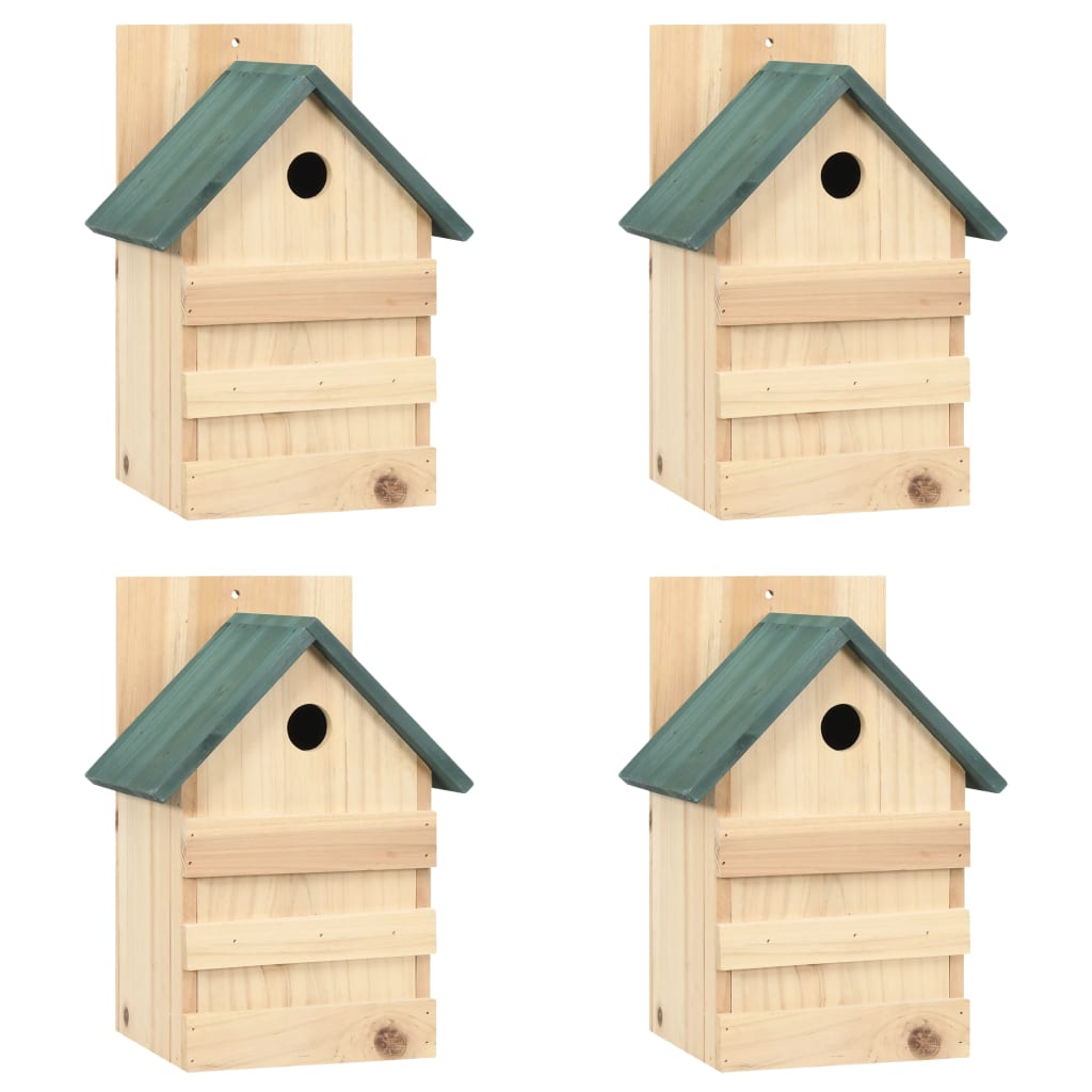 Four wooden bird houses with green roofs and entry holes, each 9.1x7.5x13 inches.