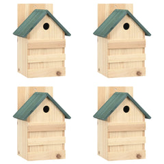 Four wooden bird houses with green roofs and entry holes, each 9.1x7.5x13 inches.