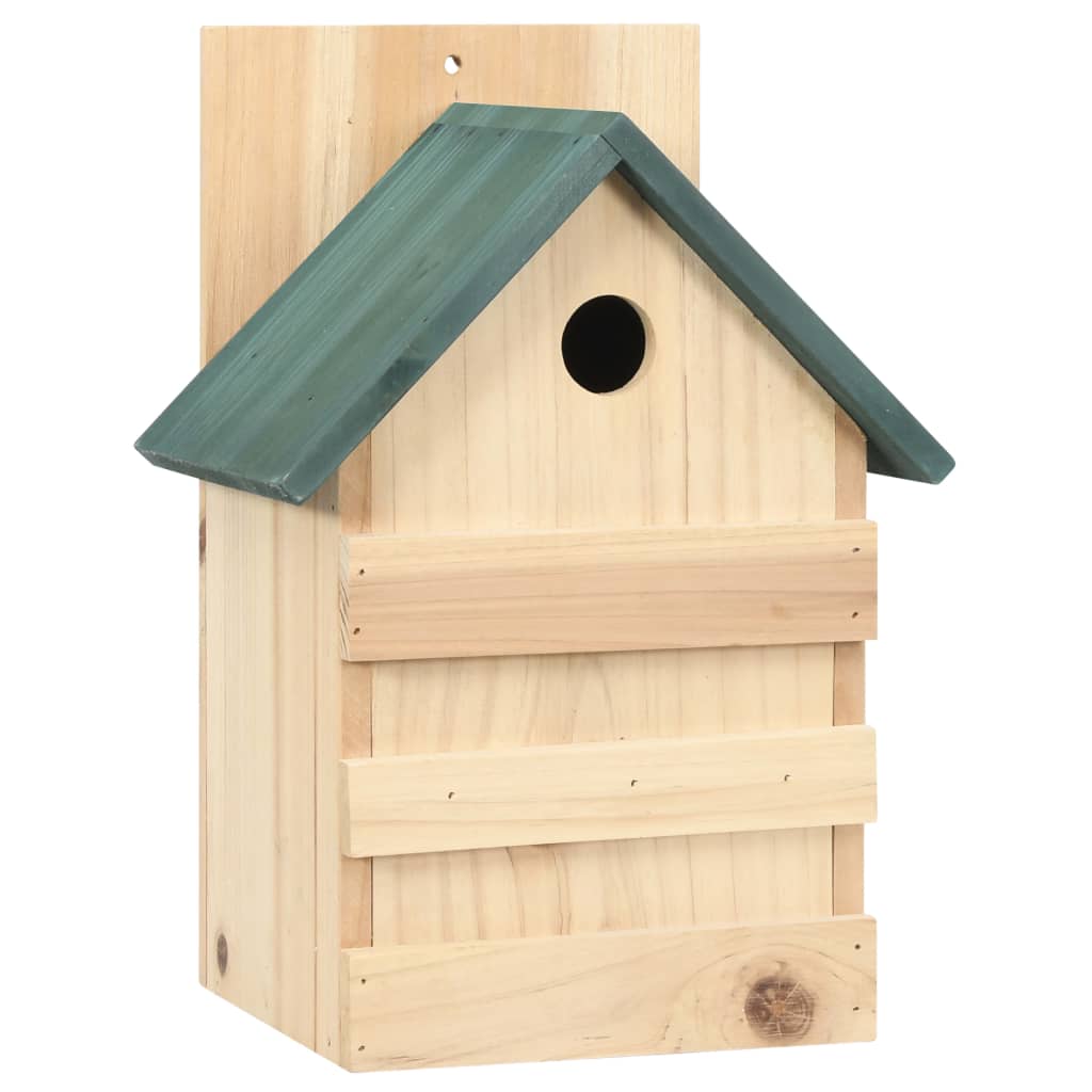 Wooden birdhouse with green metal roof, entry hole, and mounting bracket.