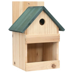 Wooden bird house with green roof, entry hole, open front, and mounting bracket.