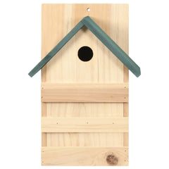 A wooden birdhouse with green roof, entry hole, and mounting bracket, made of firwood.