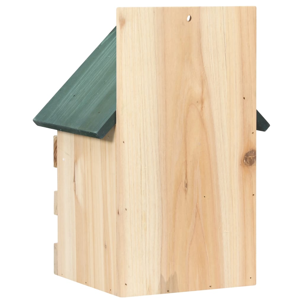 Side view of a wooden bird house with green roof and mounting hole.