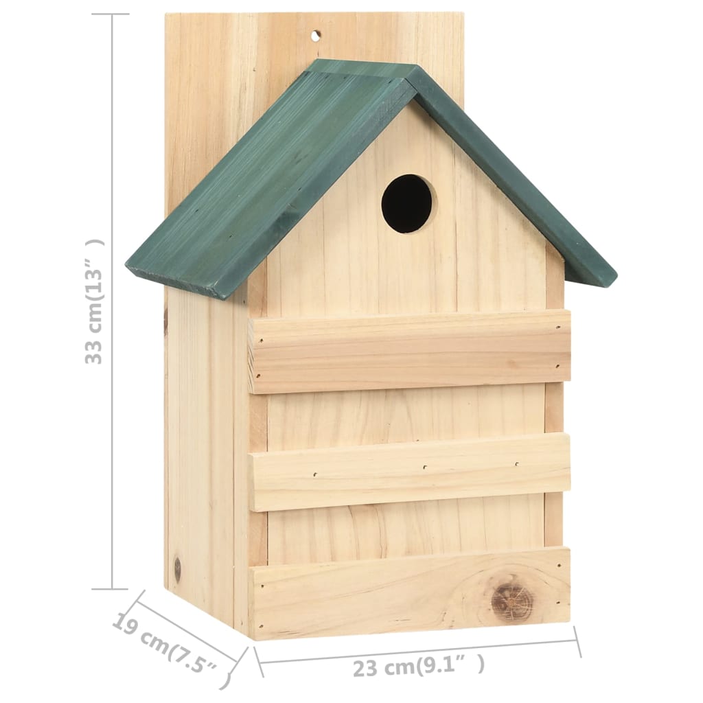 Wooden birdhouse with green roof, entry hole, and dimensions 23x19x33 cm.