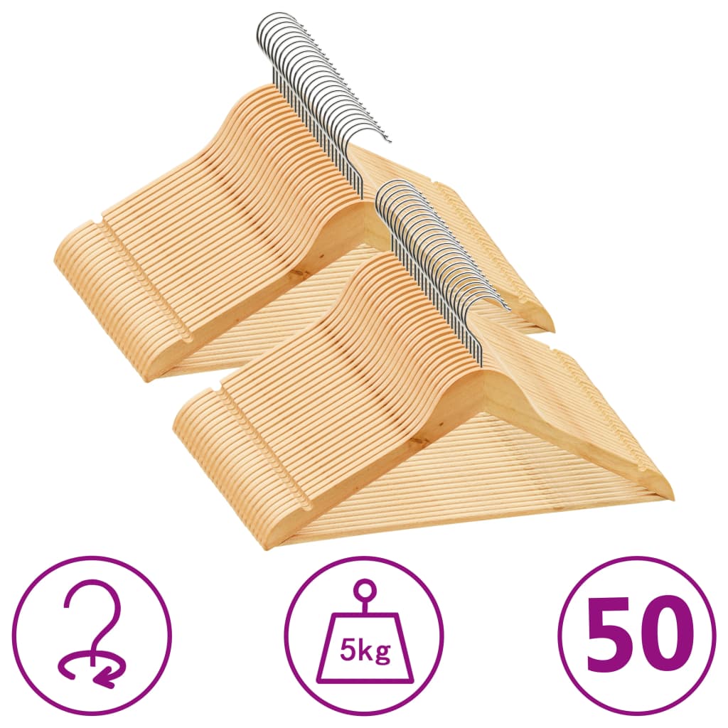 50 light brown non-slip hardwood clothes hangers with metal hooks supporting 5kg.