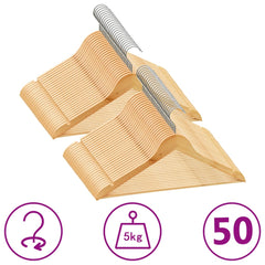 50 light brown non-slip hardwood clothes hangers with metal hooks supporting 5kg.